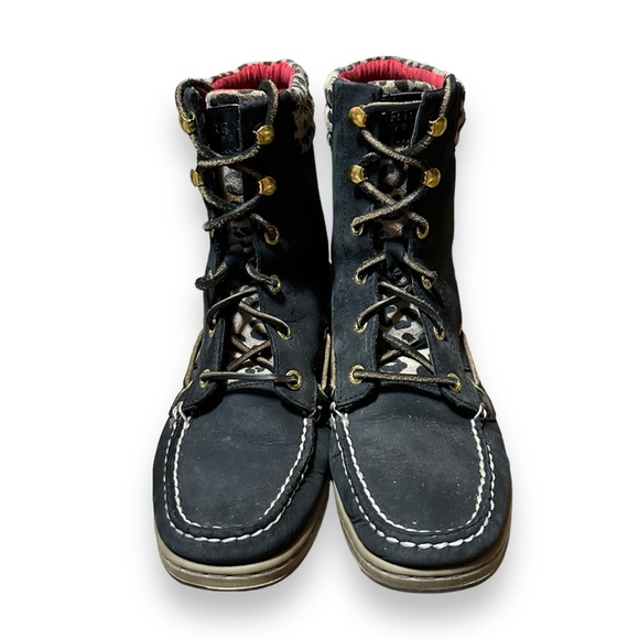 Sperry Hikerfish Black Leather Leopard Lace Up Boots Womens Size 7M 9531393 - Picture 6 of 12